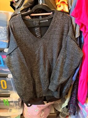 Amanda & Chelsea Charcoal Gray Sparkle V-Neck Knit Sweater with cute tied back.